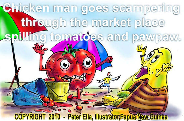 Tomato character and Paw Paw character with frayed nerves in Chicken man adventures children's storey - after Chicken man upsets their beach sellers stands